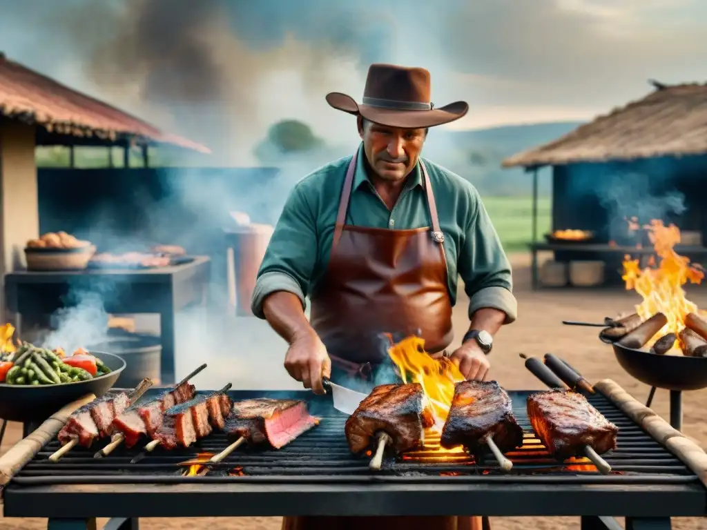 Un gaucho experimentado asando carne en una parrilla uruguaya, revelando los secretos técnicas asado uruguayo