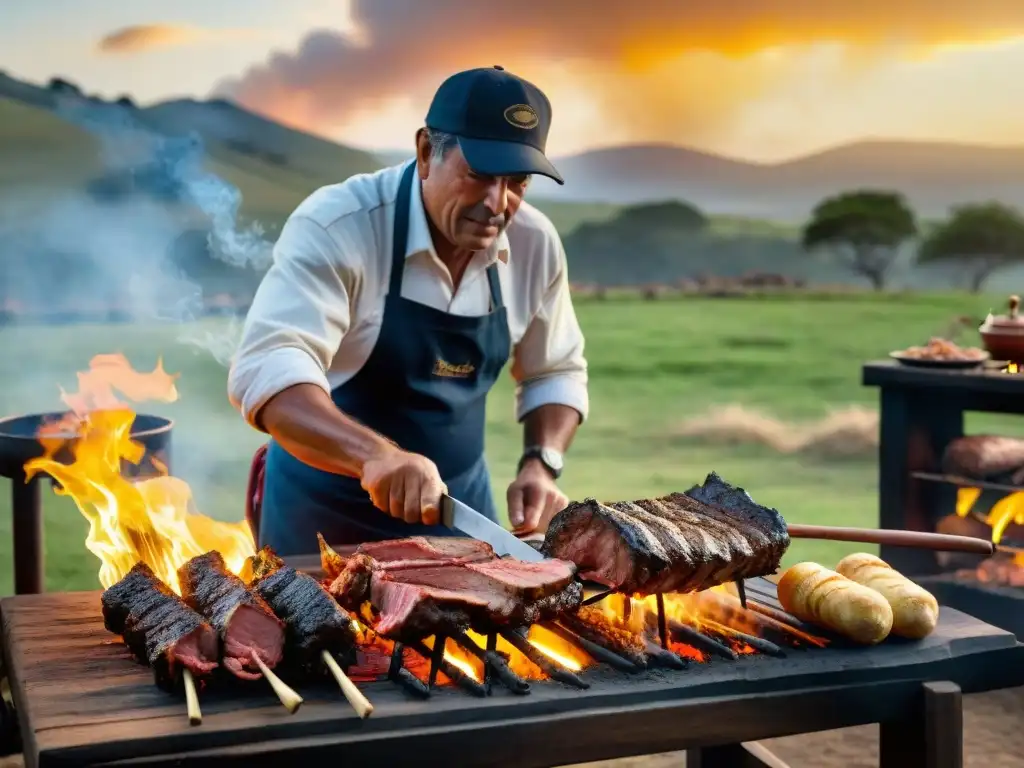 Un gaucho experimentado cuidando una parrilla uruguaya tradicional con técnicas avanzadas, rodeado de llamas y un atardecer dorado