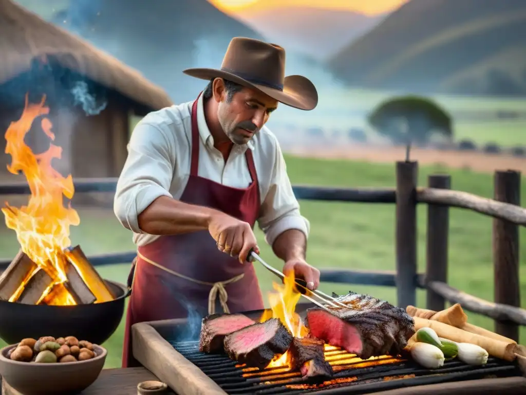 Maestría gaucho: asado argentino tradicional sobre fuego Un gaucho experto prepara un asado al asador en las colinas argentinas al atardecer