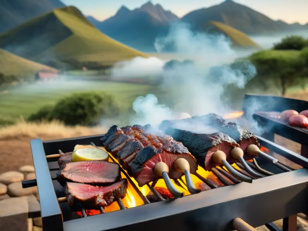 Un gaucho experto sazona un Asado con Cuero Uruguayo en un paisaje rural, resaltando la técnica y pasión