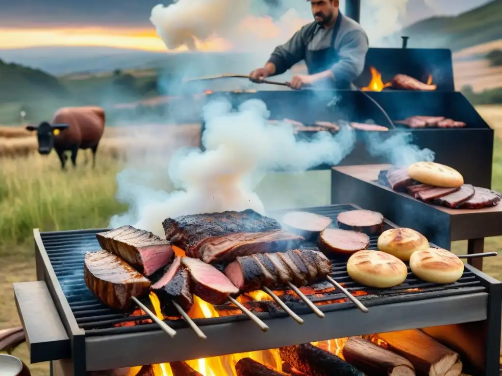 Un gaucho experto preparando un asado uruguayo tradicional, rodeado de un paisaje campestre, mostrando los secretos técnicas asado uruguayo