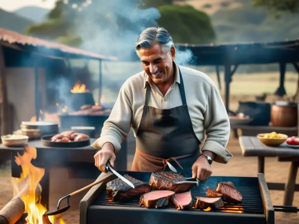 Un gaucho experto prepara un asado uruguayo tradicional en el campo