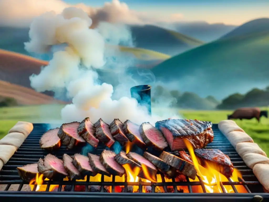 Un gaucho experto prepara un asado uruguayo en medio de un paisaje campestre