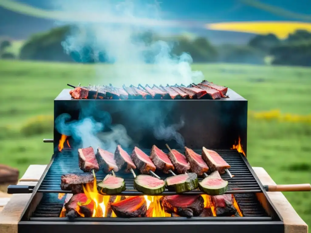 Un gaucho experto asando carne en grill uruguayo, destacando técnicas de asado uruguayo