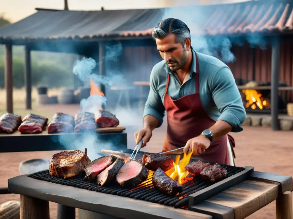 Un gaucho experto asando carnes en parrilla uruguaya