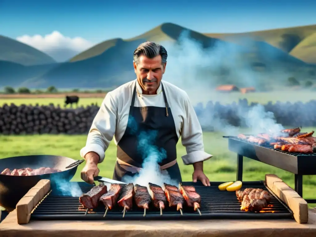 Escena de asado uruguayo: Pampa, parrilla y gauchos Un gaucho experto cuida de una parrilla cargada de asado en la pintoresca pampa