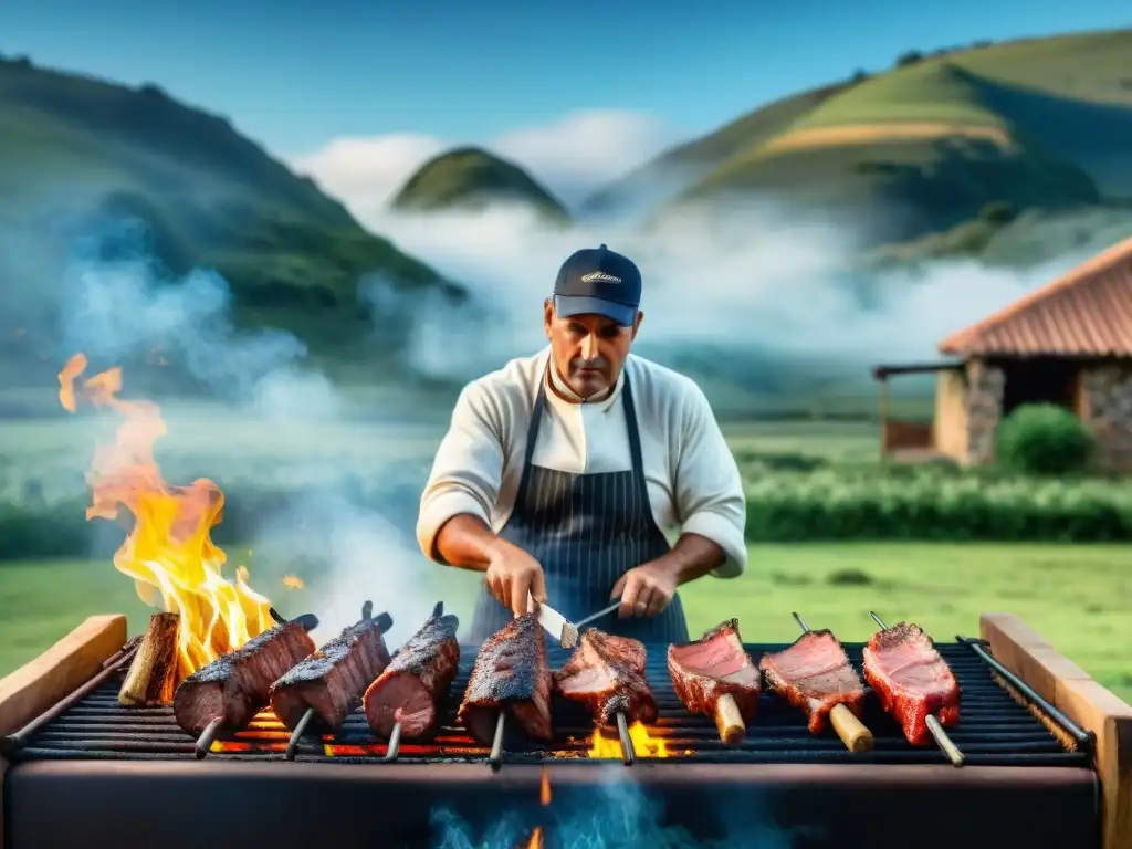 Un gaucho experto asando una parrillada uruguaya con cortes de carne, chorizos y vacío, en un paisaje campestre