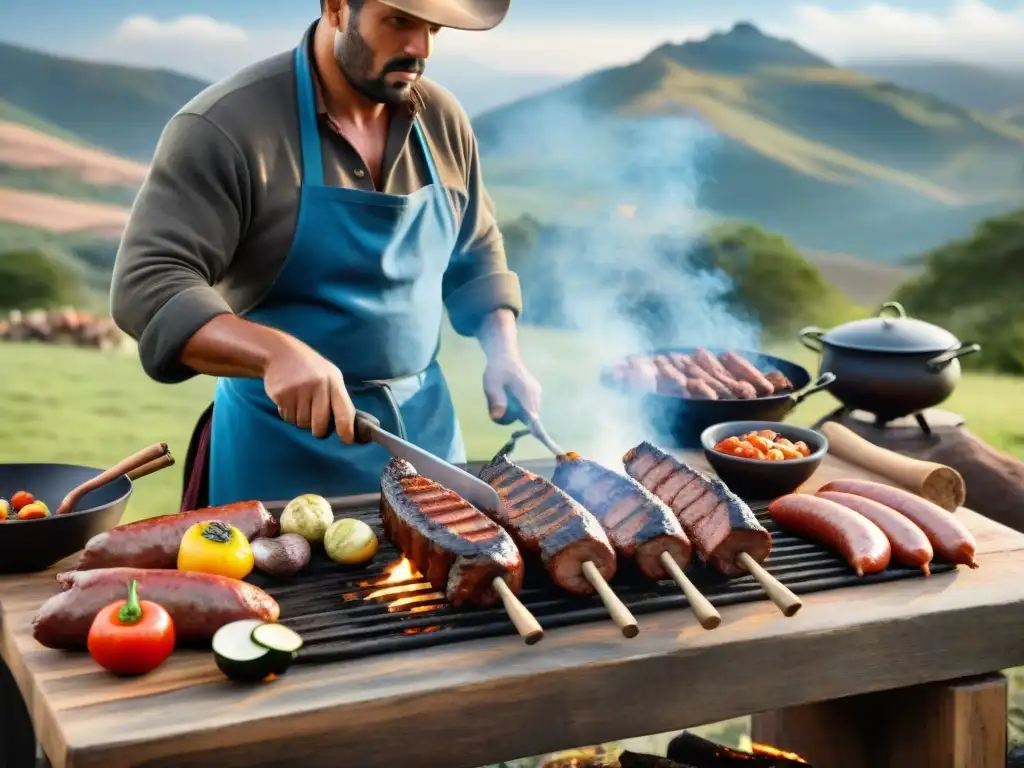 Delicioso asado uruguayo cocinado a la parrilla en el campo Un gaucho experto cuida con precisión un asado uruguayo sobre llamas, en un escenario campestre
