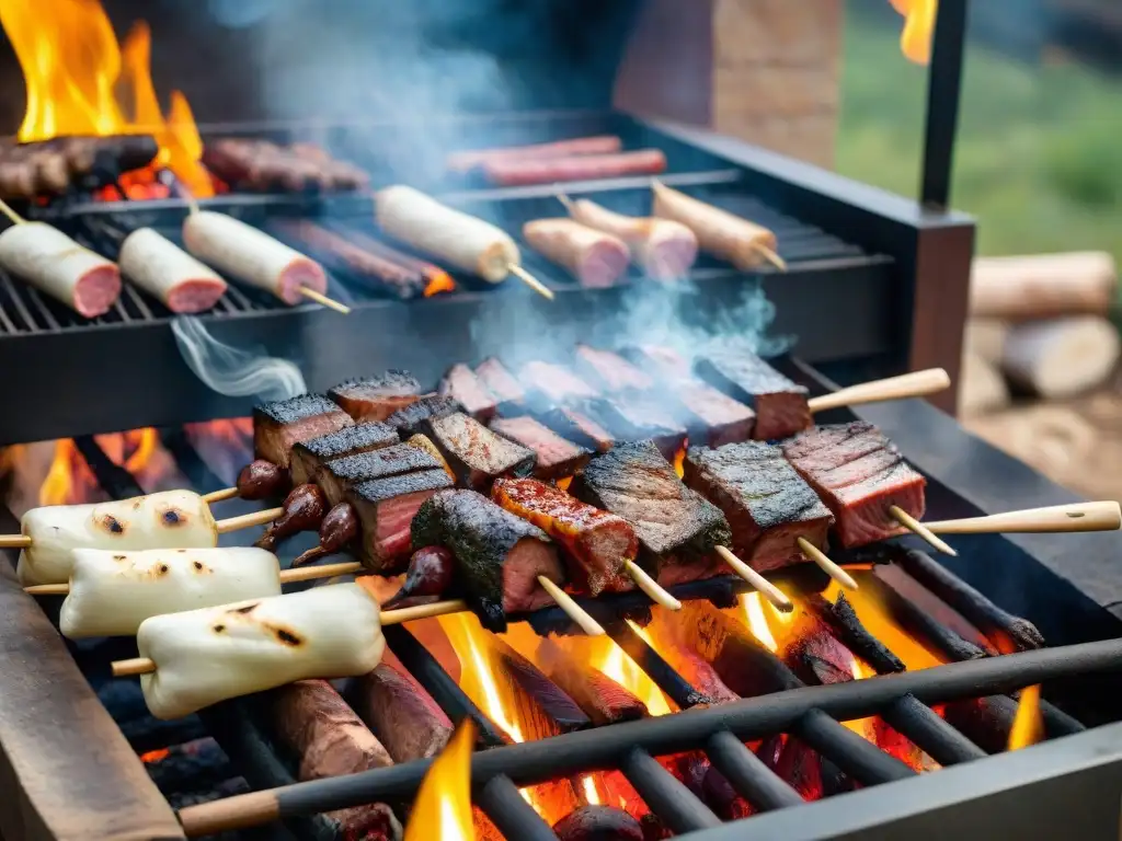 Un gaucho experto en técnicas de asado a la leña cocina carne a la parrilla en un ambiente rústico y tradicional argentino