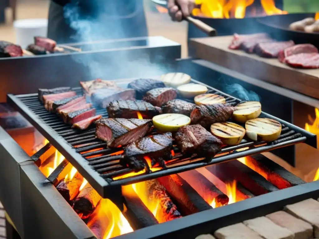 Un gaucho experto en técnicas de asado uruguayo prepara una parrilla cargada de carne sobre brasas ardientes