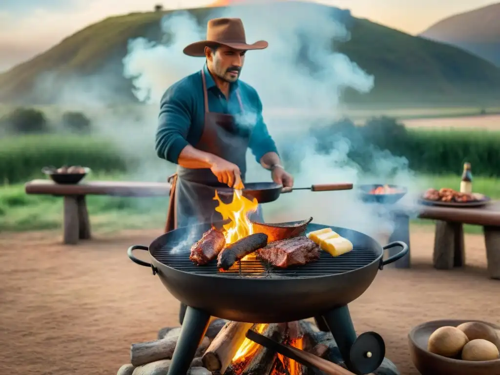 Un gaucho experto asando un tradicional asado uruguayo en el campo