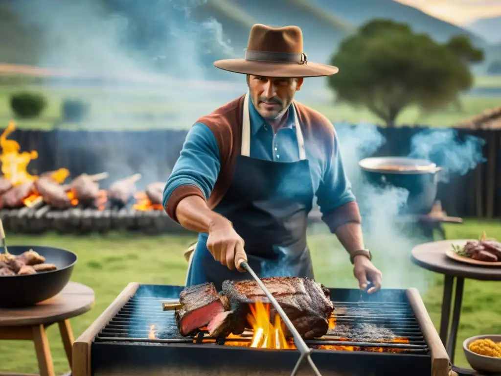 Un gaucho experto asando un tradicional asado uruguayo en el campo