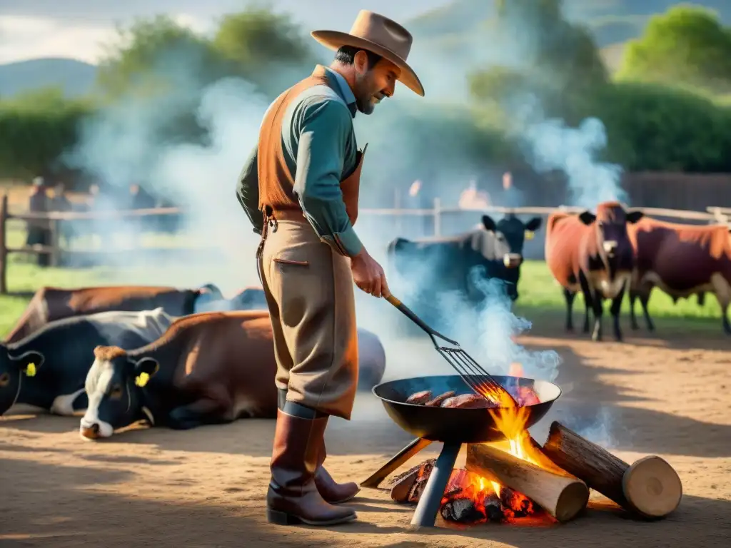 Un gaucho experto asando un tradicional asado uruguayo en el campo