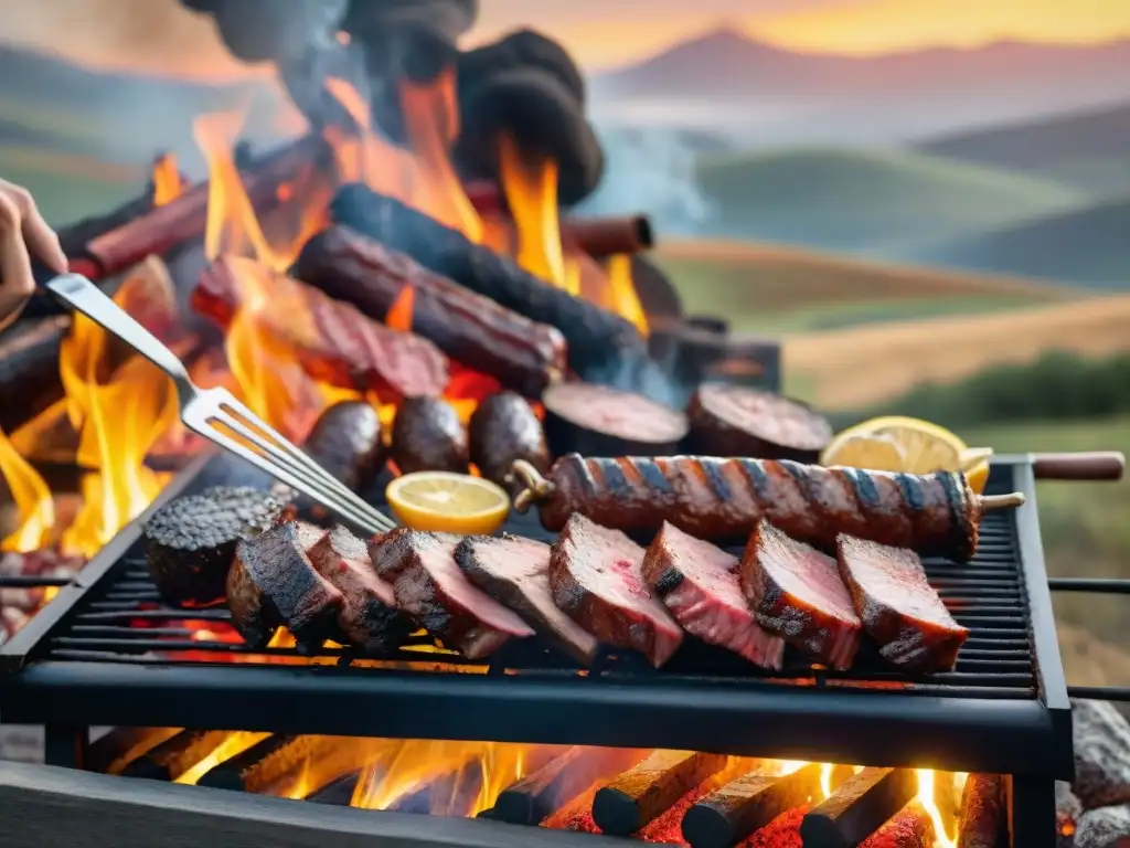 Un gaucho preparando una parrilla uruguaya con chorizo, morcilla y asado sobre brasas, en un atardecer campestre