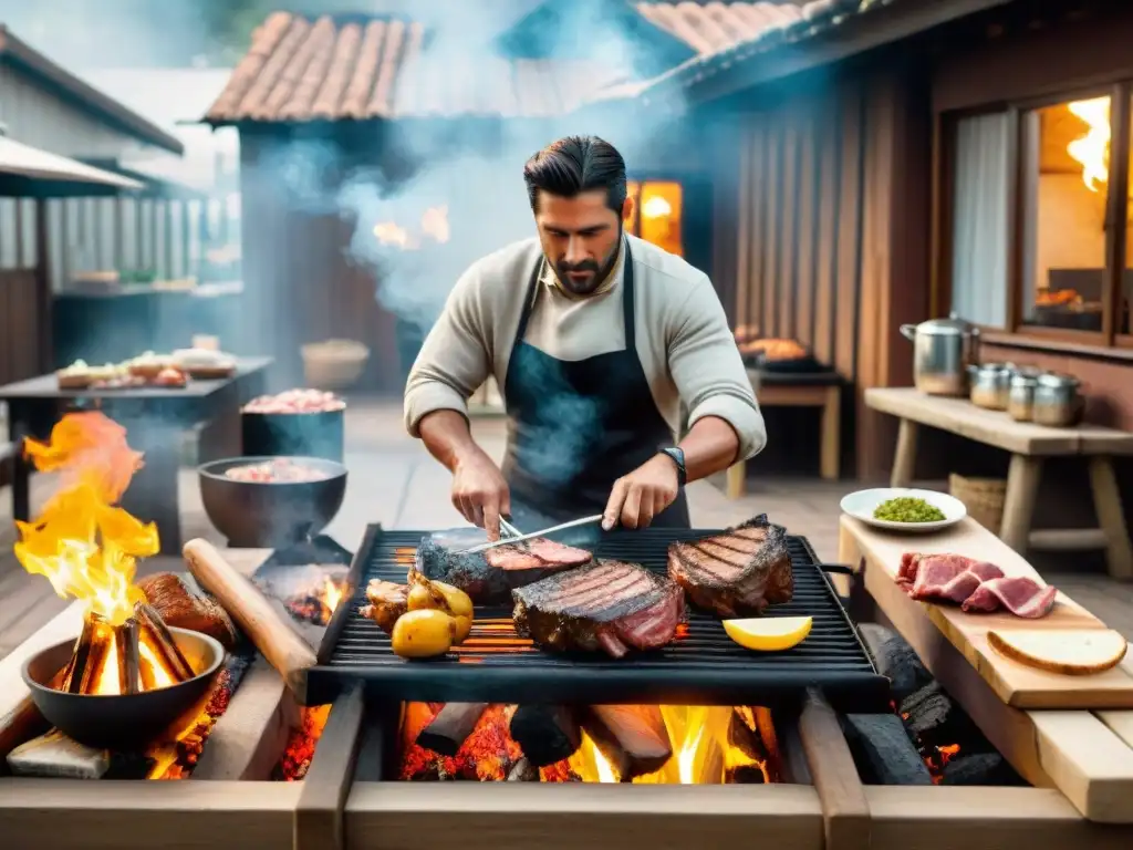 Un gaucho preparando una parrillada uruguaya, rodeado de condimentos y humo de carne asada