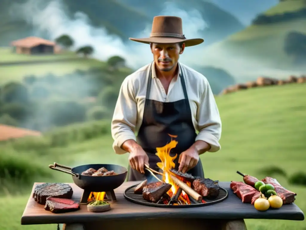 Gaucho preparando asado al asador en la naturaleza Un gaucho sudamericano preparando un asado al asador en un paisaje campestre, destacando técnicas ancestrales
