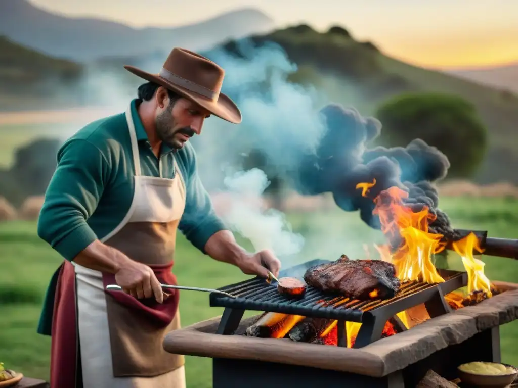 Un gaucho uruguayo preparando un asado en la campiña al atardecer