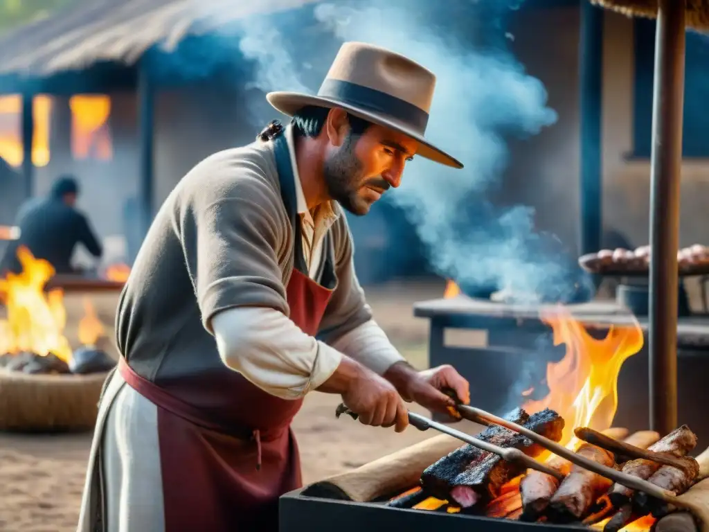 Un gaucho uruguayo preparando un asado en la campiña, capturando la historia y tradiciones del asado uruguayo