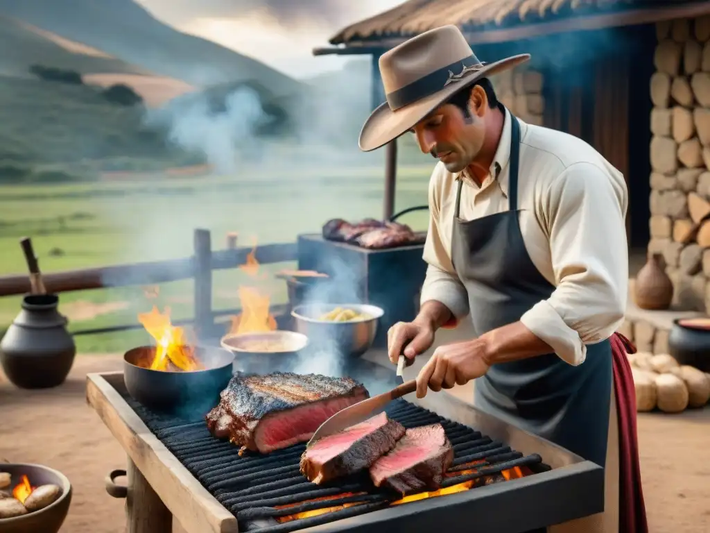 Un gaucho uruguayo preparando un asado con maestría en el campo