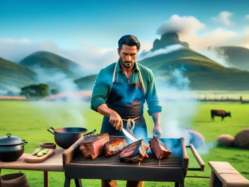 Un gaucho uruguayo preparando un asado en el campo, reflejando la tradición regional y la cultura