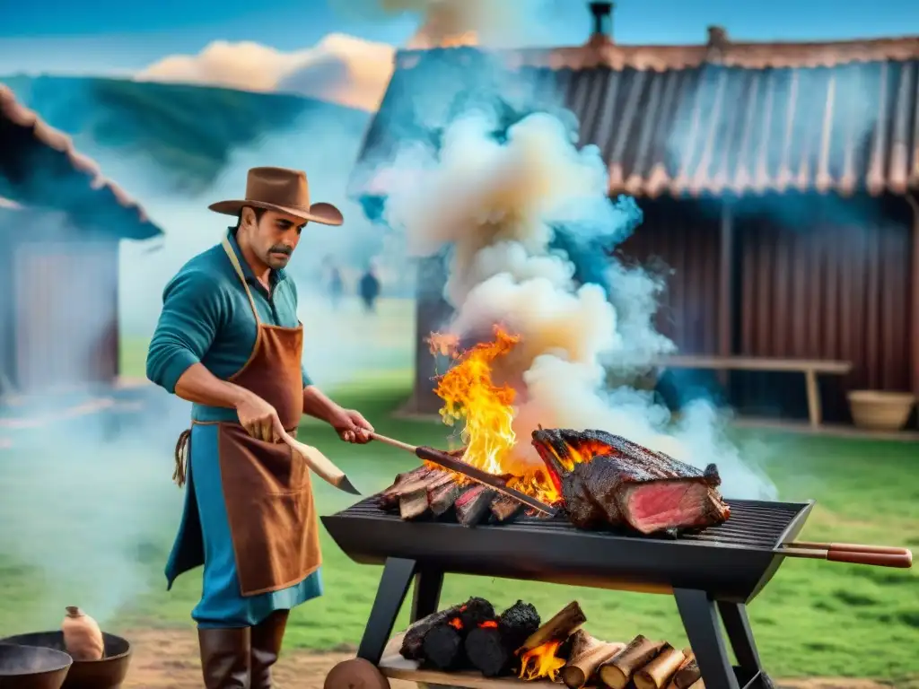 Un gaucho uruguayo preparando un asado sobre llamas en las pampas verdes bajo cielo azul