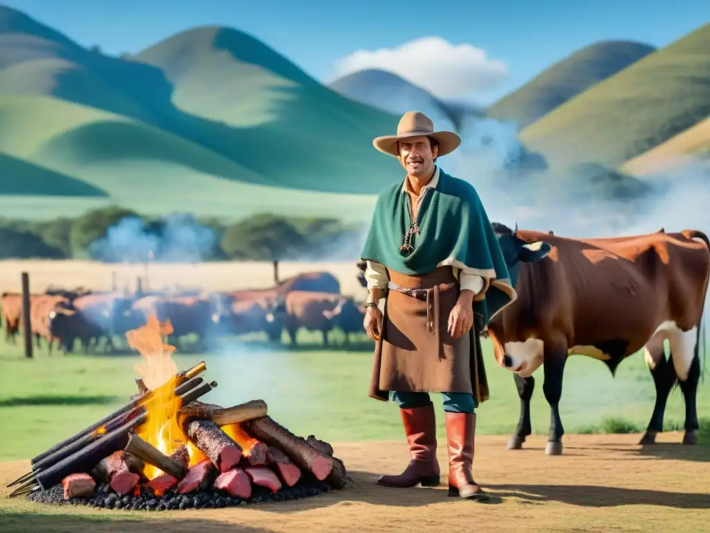 Un gaucho uruguayo con su asado, rodeado de verdes colinas y ganado, refleja la tradición y autenticidad de la cultura gaucha