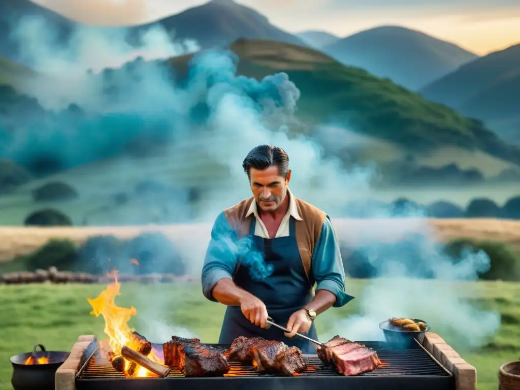 Un gaucho uruguayo asando costillas a la parrilla en las colinas