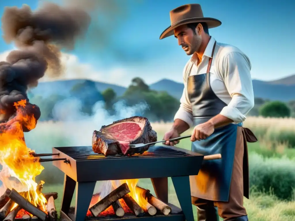 Un gaucho uruguayo experto asando carne a la parrilla, rodeado de pastizales verdes y cielo azul