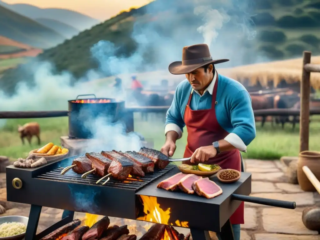 Un gaucho uruguayo experto en técnicas de asado uruguayas, preparando una parrillada campestre con cortes premium sobre fuego de leña