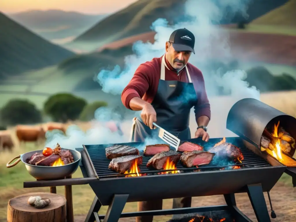 Un gaucho uruguayo preparando a fuego lento un asado rodeado de paisajes campestres