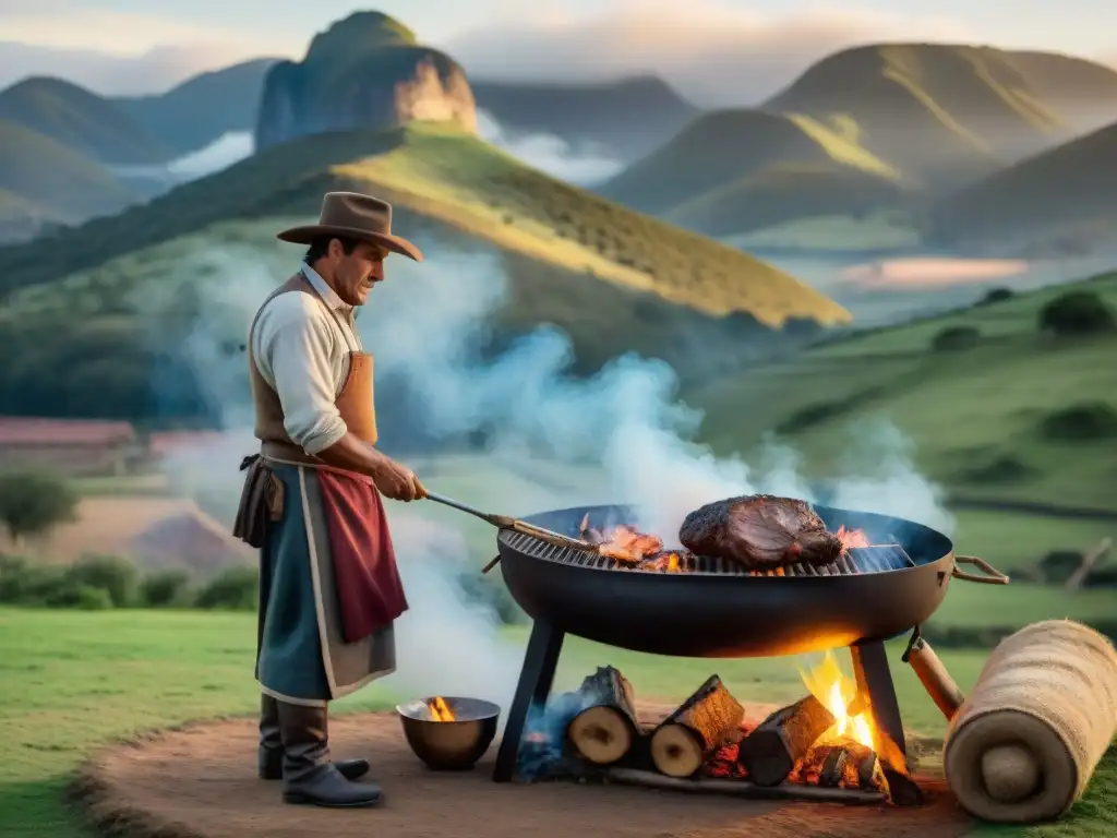 Un gaucho uruguayo junto a un asado al asador en el campo