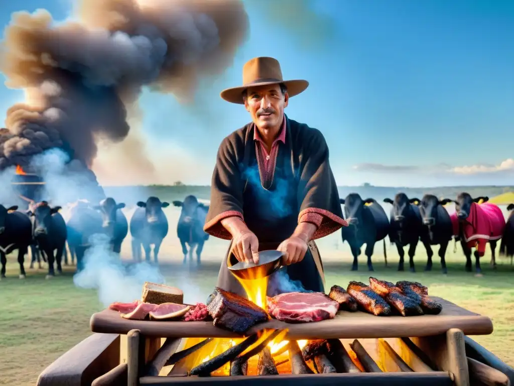 Un gaucho uruguayo, orgulloso, prepara un asado rodeado de carnes y amigos, en un campo iluminado por el sol