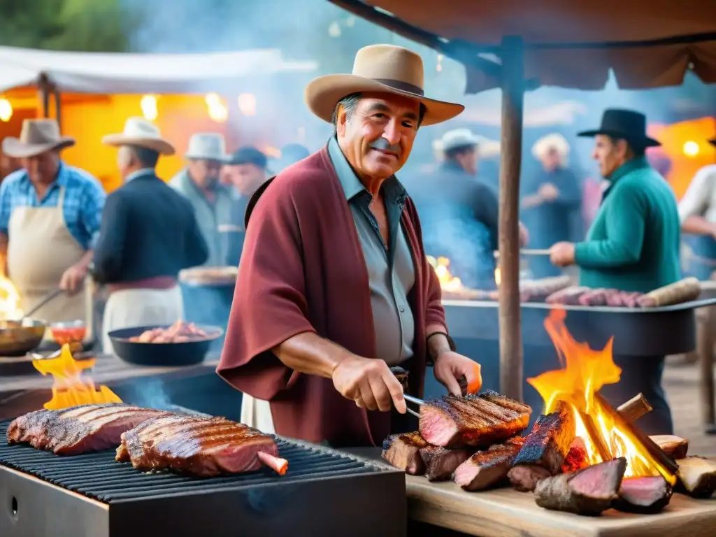 Un gaucho uruguayo orgulloso en un festival de asado, rodeado de gente y música