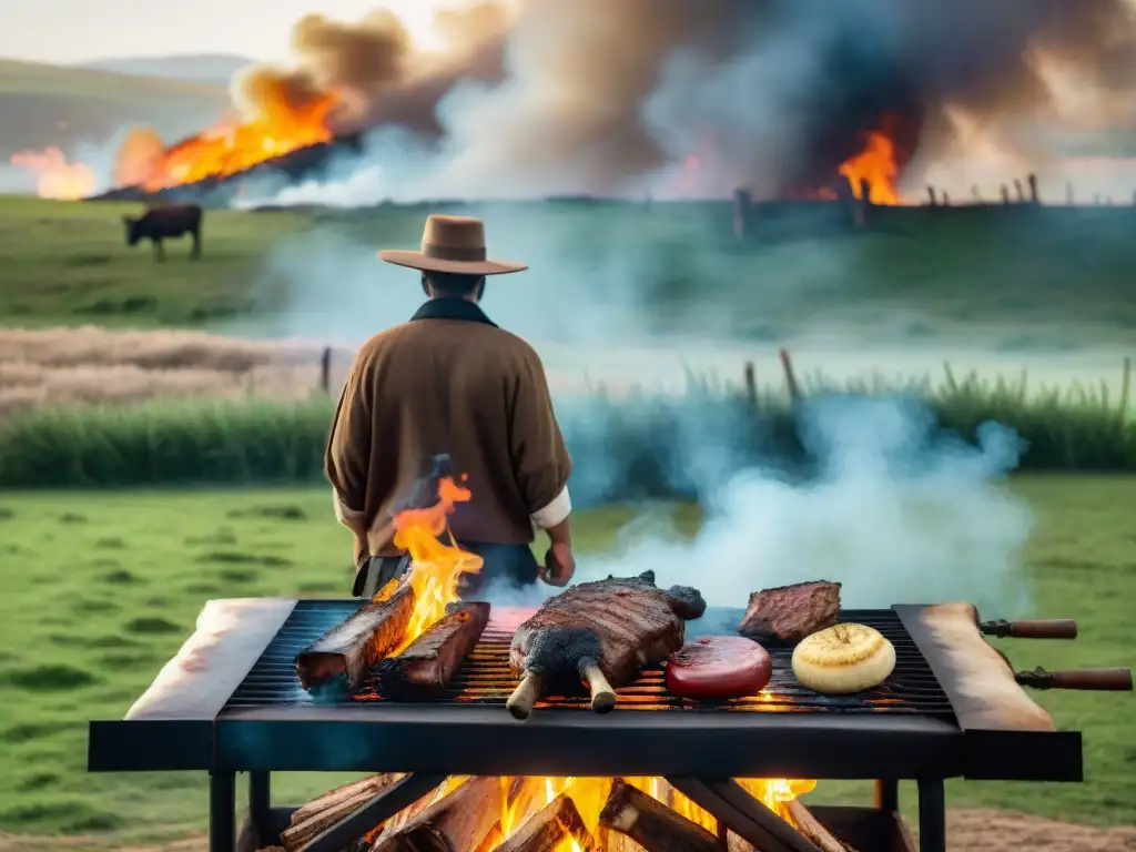 Un gaucho uruguayo orgulloso junto a un asado rodeado de naturaleza