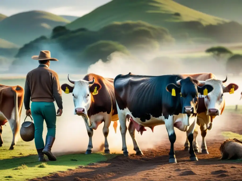 Un gaucho uruguayo cuida con ternura su ganado en las extensas Pampas, reflejando el respeto y armonía del asado uruguayo bienestar animal