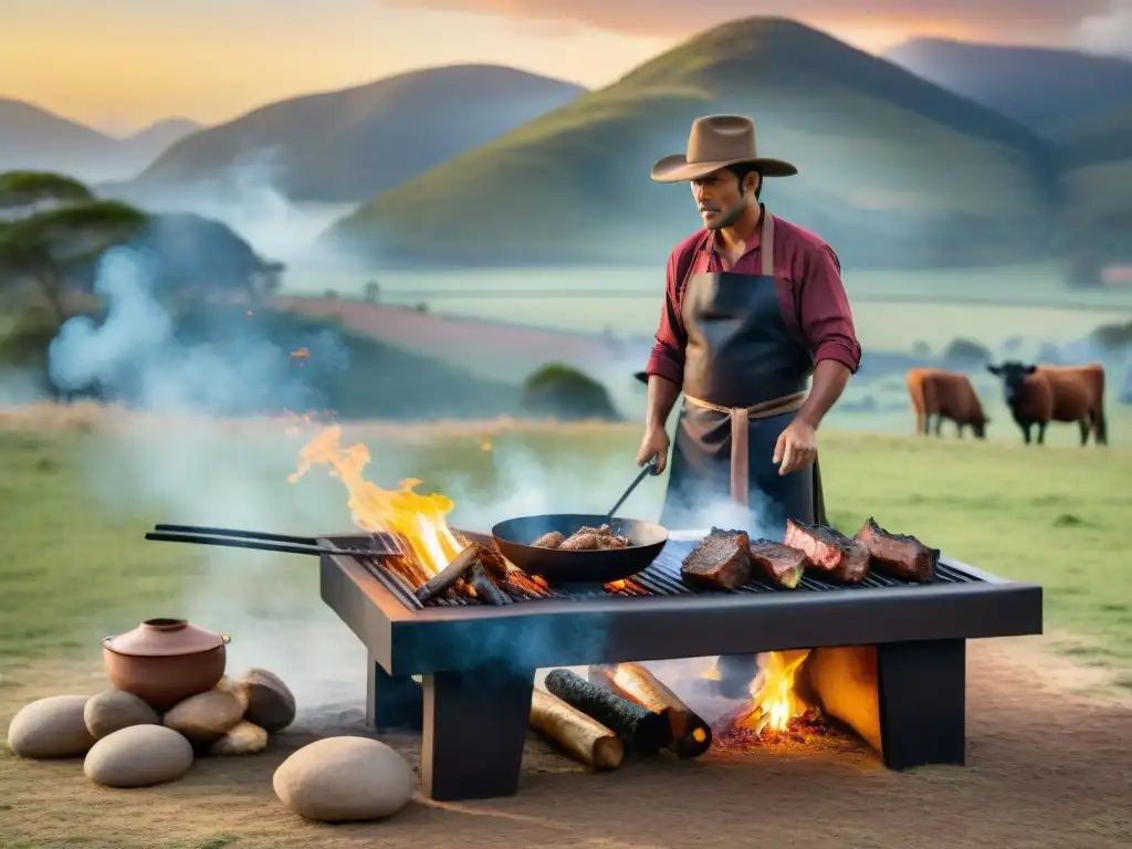 Un gaucho uruguayo tradicional preparando un asado en el campo al atardecer, con una atmósfera cálida y auténtica