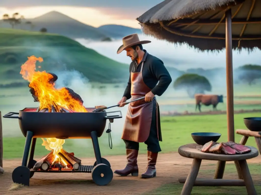 Un gaucho uruguayo tradicional preparando un asado rodeado de carne, en la inmensidad campestre de Uruguay