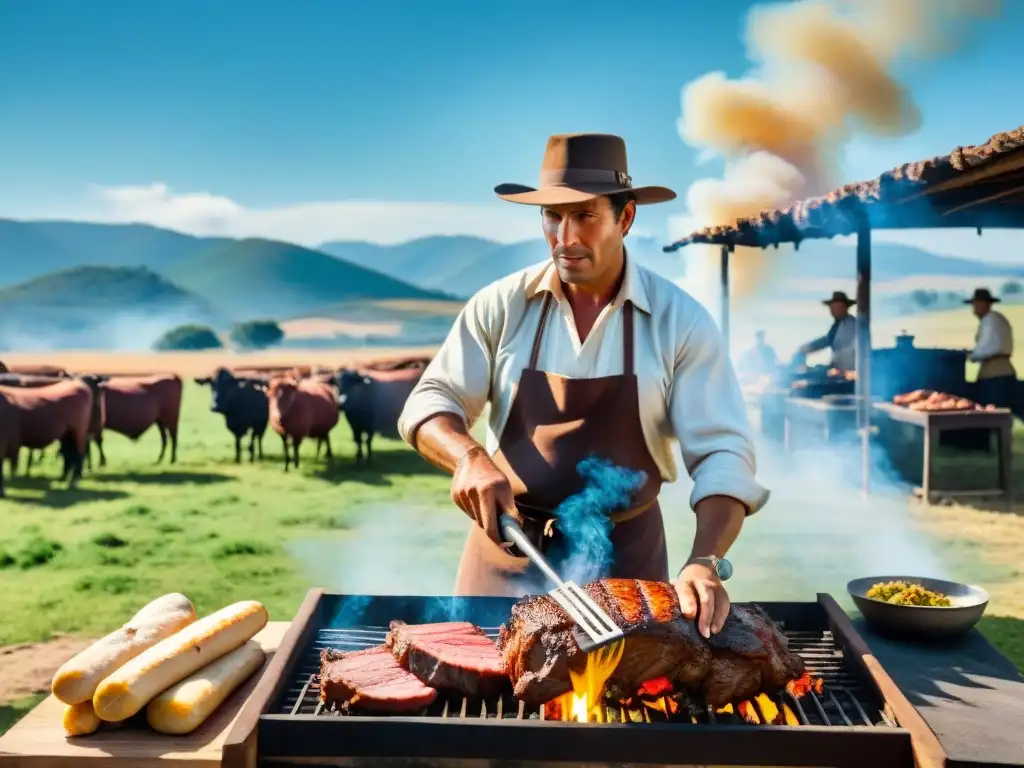 Un gaucho uruguayo tradicional preparando un asado en la campiña