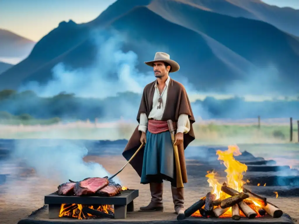 Un gaucho uruguayo tradicional asando carne a la parrilla en las vastas llanuras, bajo un cielo azul