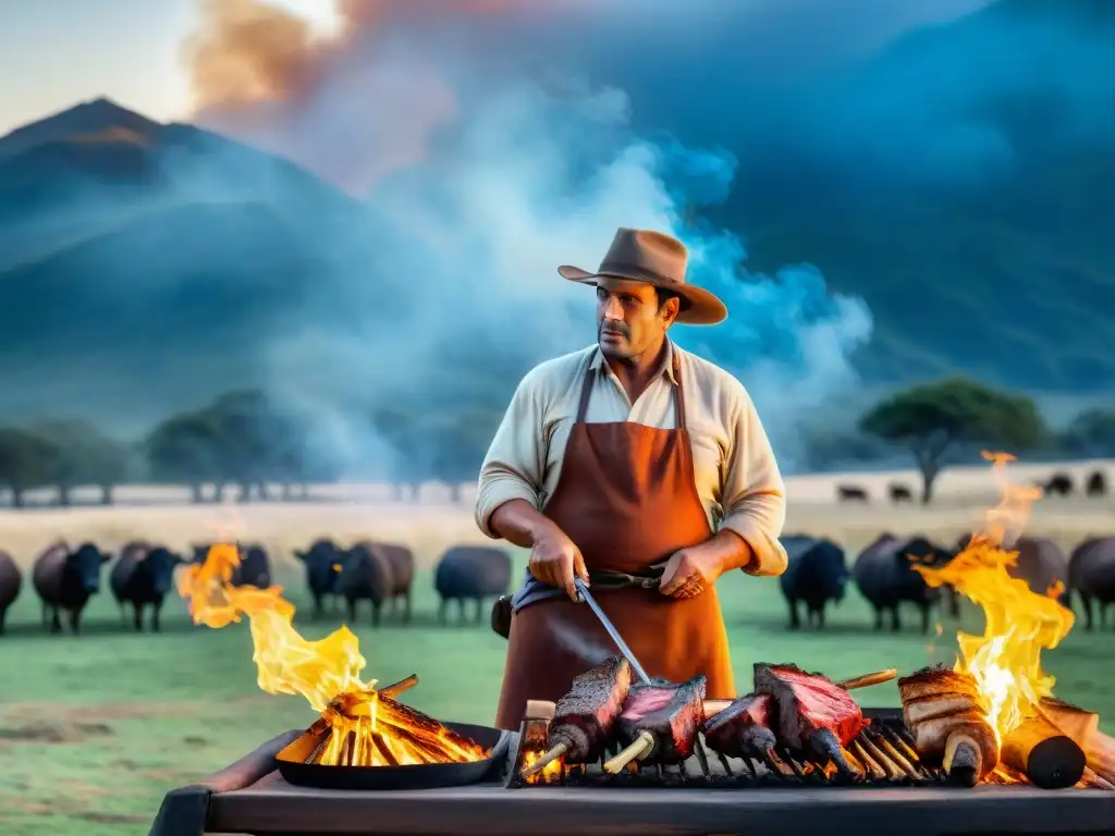 Un gaucho uruguayo tradicional asando carne a la parrilla en las vastas pampas bajo un cielo azul claro