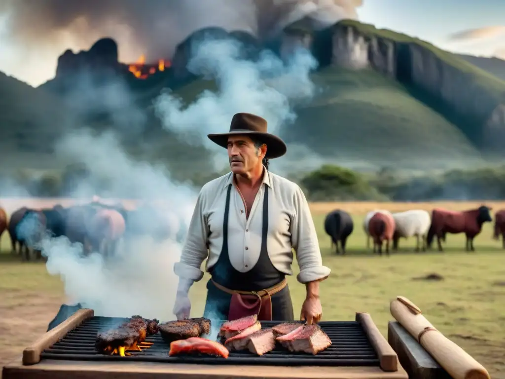 Un gaucho uruguayo tradicional asando carne en una parrilla al aire libre, rodeado de la vasta belleza de las pampas uruguayas