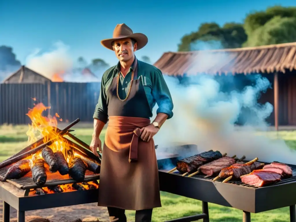 Un gaucho uruguayo tradicional asando carne a la parrilla en las extensas pampas verdes bajo un cielo azul