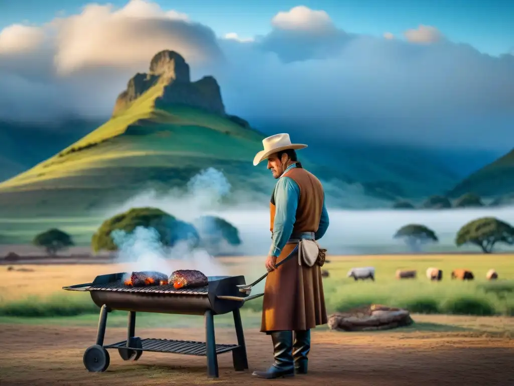 Un gaucho uruguayo tradicional asando carne en un paisaje rural, reflejando la tradición gastronómica del asado uruguayo