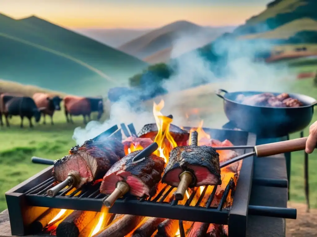 Gauchos preparan un asado uruguayo tradicional con resiliencia y creatividad en paisaje campestre al atardecer