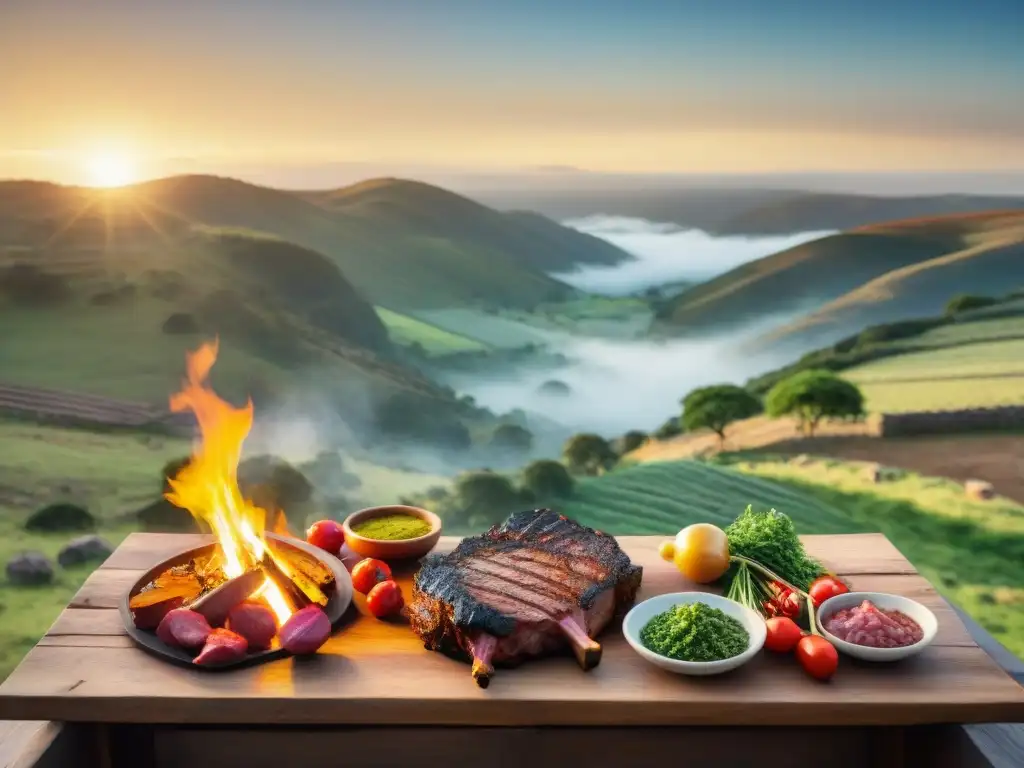 Gauchos expertos en la evolución del asado uruguayo, preparando cortes de carne sobre fuego en el campo al atardecer