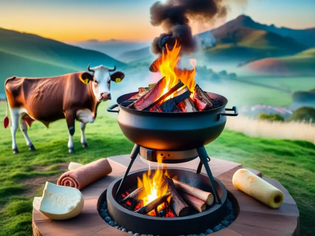 Gauchos expertos asando un cordero entero en un asado con cuero en el campo al atardecer