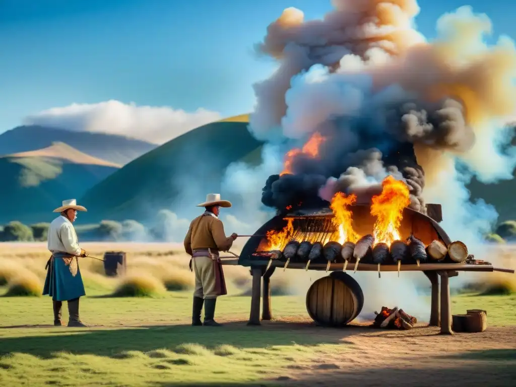 Gauchos en la pampa uruguaya cocinando asado al asador, mostrando historia, técnica y tradición