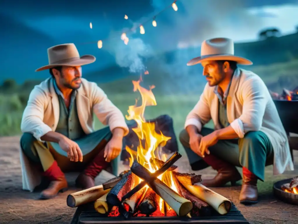 Gauchos en tradicional asado uruguayo en el campo bajo un cielo estrellado