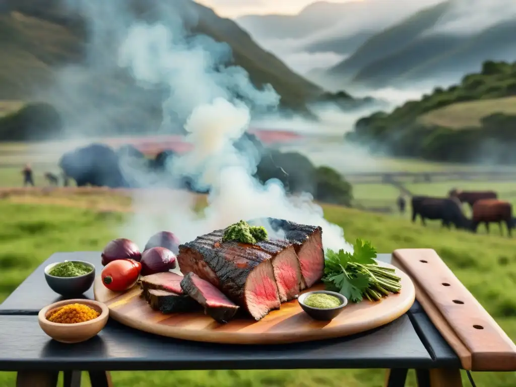 Gauchos uruguayos preservando cultura asado uruguayo: escena detallada de asado con cortes de carne a la parrilla en el campo