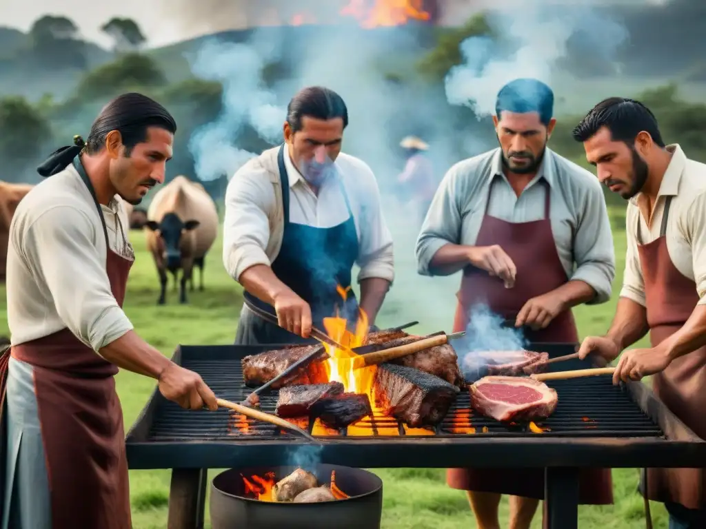 Gauchos uruguayos expertos preparando un asado en el campo, capturando la esencia del ritual asado uruguayo costumbres